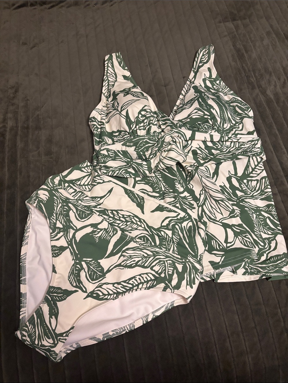 Lands' End White and Green Leaf-Print Tankini Set